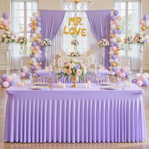 Lavender Spandex Tablecloths for Rectangle Tables Light Purple Stretch Table Cloth Rectangle 6ft Lilac Elastic Fitted Table Cover with Skirt for Wedding Birthday Party Banquet Baby Shower Buffet - Image 3