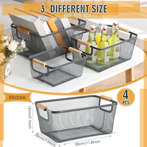 Ziliny 4 Pcs Mesh Wire Baskets for Organizing, Medium, Dark Gray | Metal Pantry Organizers with Wooden Handles, Storage Steel Bin, Kitchen Baskets for Fruit Potato Onion Snacks Bath Cabinet - Image 2