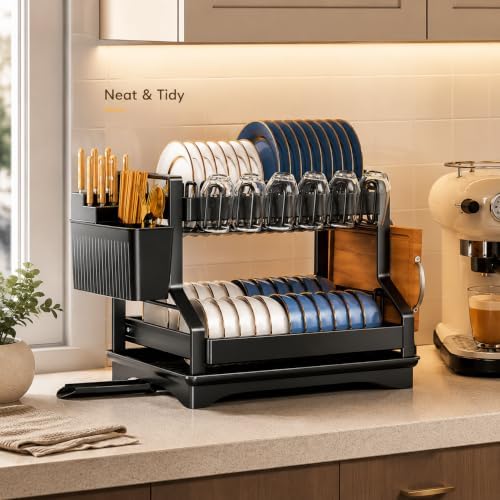 Fandian Black Dish Drying Rack 2 Tier Dish Racks for Kitchen Counter and Sink, Large Dish Drying Rack with Drainboard & Utensil Holders Stainless Steel Dish Drainers Kitchen Organization and Storage - Image 5