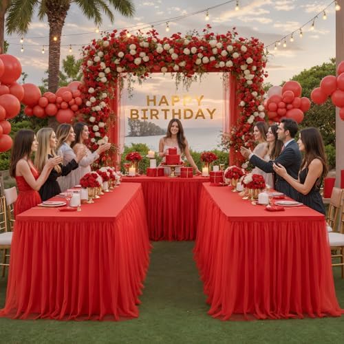 Suppromo 4 Pack 8ft Red Tulle Tablecloths for Rectangle Tables, 8 Foot Red Rectangular Table Cloth Wrinkle Free Tablecover with Tutu Skirt for Baby Shower Wedding Birthday Party Banquet Buffet Cake - Image 5