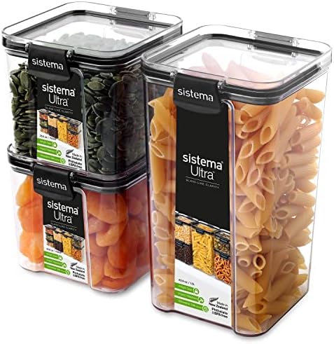 Sistema Tritan Ultra Airtight Pantry & Kitchen Storage Containers, 3-Pack, Clear Stackable Square Food Storage, BPA-Free, Dishwasher & Freezer-Safe (Microwave-Safe Without Lid) by Sistema