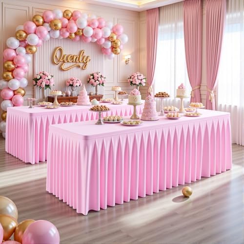 8 Pack Pink Rectangle Tablecloth 6 FT Stretch Spandex Fitted Table Cloth for 6 Foot Rectangle Tables Banquet Tablecloths Wrinkle Free Table Cover Skirt Ruffle Tablecloths for Party Wedding Birthday - Image 4