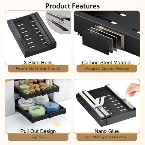 Upgrade 2 Pack Pull Out Cabinet Organizer, Expandable Width (11.4"-18.9") Depth (16.3"-21.7") Pull out Drawers for Cabinets with 3 Rails, No Drill Adhesive Film or Nail Slide out Drawers for Kitchen - Image 6