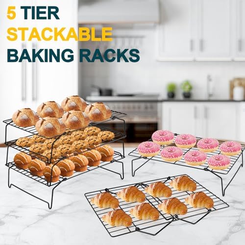 P&P CHEF 5-Tier Stainless Steel Cooling Rack, 15" x 10", Black | Stackable Baking Cooking Racks for Cooling Roasting Grilling, Collapsible & Heavy Duty, Oven Safe & Easy Clean - Image 4
