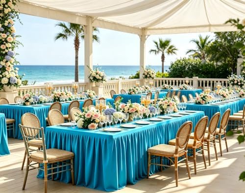 PARTISKY 6 Pack Turquoise Tablecloths for Rectangle Tables 8ft, Wrinkle Resistant Spandex Table Cover Fitted Stretch Table Cloth with Pleated Ruffle Skirts for Party Banquet Dining Birthday Wedding - Image 3