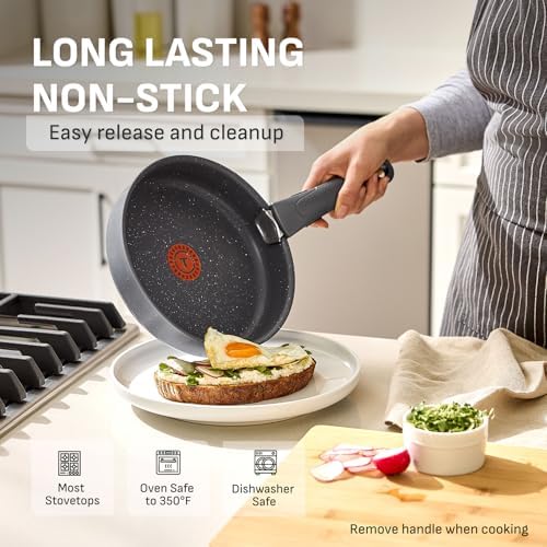 T-fal Ingenio Essentials Cookware Set with Detachable/Removable Handle 11 Piece, Granite Titanium Non Stick, Oven Broiler Safe 500F, Stackable, Pots and Pans Set, Frying Pans, Dishwasher Safe, Gray - Image 4