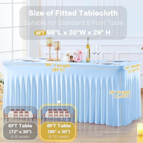 4 Pack Baby Blue Table Cloth for 8 Foot Rectangle Tables Spandex Fitted Tablecloth 8ft Stretch Table Covers Skirt Baby Blue Banquet Tablecloths Wrinkle Free Tablecloth for Party Wedding Birthday Event - Image 6
