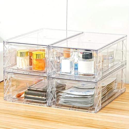 4 Pack Acrylic Storage Drawers, Clear Stackable Storage Drawers, Acrylic Organizers Drawers for Under Sink, Pantry, Bathroom, Makeup Organizers Cosmetic Display,Classroom Storage Organization, Medium by Unknown