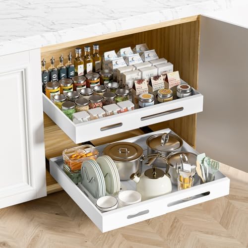 HBL' 2 Pack | 21" Deep Pull Out Cabinet Organizer Adhesive, (13.8" to 22.0") Width Expandable Sturdy Carbon Steel Roll-Out Drawers, Designed for Frameless Cabinets, Slide-Out Shelves for Pantry. by HBL