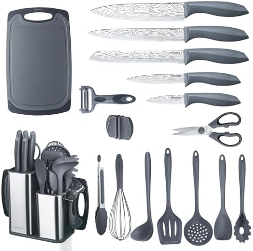 RAXCO Kitchen Set,18-Piece Cooking Utensils and Kitchen Knife Set,Gray | 7-Piece Kitchen Utensils Heat-resistant to 410°F,5-Piece Sharp Knife,5-Piece Cooking Tools and Cutting Board In One by RAXCO