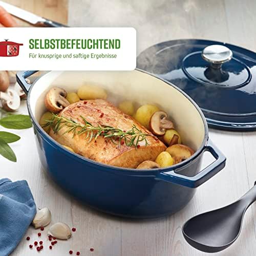 by Brandt Cast Steel Casserole Dish Round Individual 28 cm Capacity 6.8 L Cast Iron Lid with Stainless Steel Knob Suitable for Induction Oven Safe Blue - Image 3