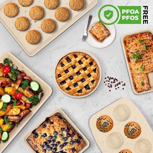 NutriChef 8-Piece Stackable Bakeware Set | Carbon Steel Non-Stick Baking Pan Set | Includes Sheet, Muffin, Round, Loaf, Square Cake & Deep Pans | No PFOA & PFOS | Oven Safe to 450 F | Marble Cream - Image 4