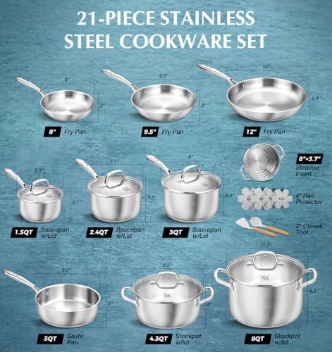 KOCH SYSTEME CS Stainless Steel Cookware Set 21 Piece with 5-Layer Base, Professional 18/10 Stianless Steel Pots and Pans Set, Oven&Dishwasher Safe, Non Toxic, Induction Kitchen Cooking Sets, 21PCS - Image 7