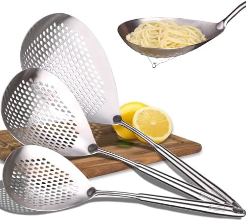 MARTE Skimmer Slotted Spoon Set of 3-304 Stainless Steel Spider Strainer Utensils Ladle Spoon with Handle for Cooking and Frying - Kitchen Pasta Strainer Colander - 14.8In,16.5In,17In by MARTE