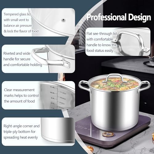 E-far 12 Quart Cooking Stock Pot, Large Stainless Steel Pot for Canning Simmering Stewing, Heavy Duty Cookware with Tri-ply Base for Induction Gas Stoves, Soup Pots with Glass Lid, Dishwasher Safe - Image 5