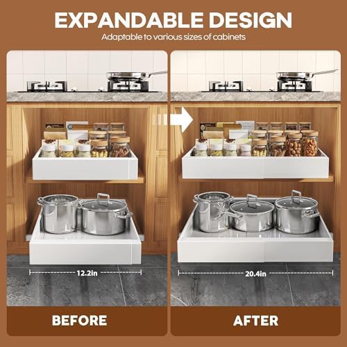 Seinloes 2 Pack Expandable Pull Out Cabinet Organizer 16.5"Deep with Raising Pad for Framed Cabinets,Upgrade 3 Slide Rails Slide Out Drawers,Roll Out Shelves Adhesive,Adjustable Width 12.2"-20.4"White - Image 3
