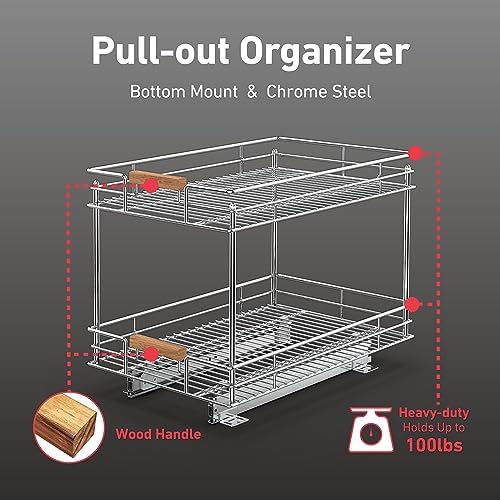 Mount Walker Pull Out Cabinet Organizer(14" W x 21" D), 2 Tier Slide Out Shelves with Wood Handle, Sliding Drawer Pull Storage Shelf for 15-1/4” Cabinet Opening, Chrome - Image 2