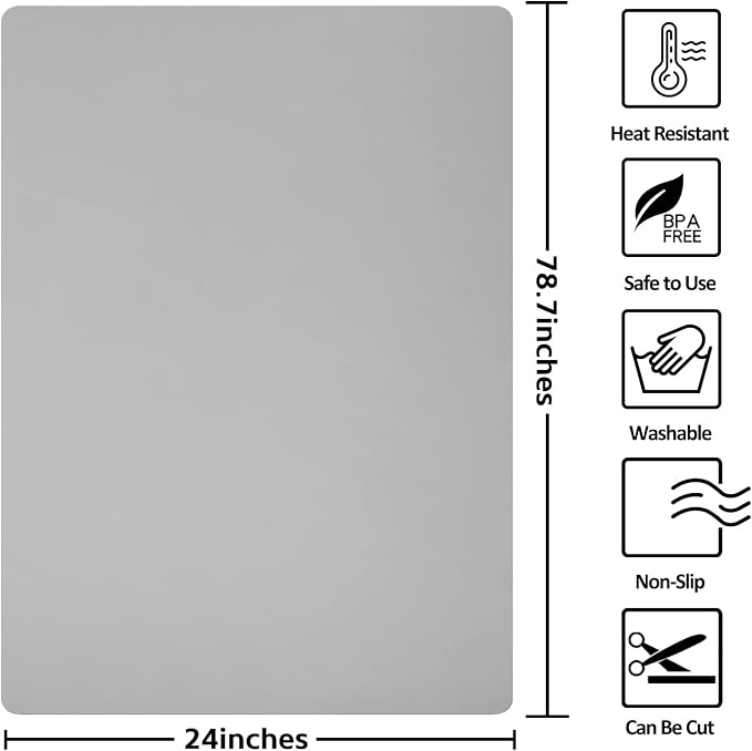 Silicone Mats for Kitchen Counter, Nonslip Silicone Mats for Crafts Countertop Protector Heat Resistant Mat (78.7” x 24” x 0.08”, Grey) - Image 2