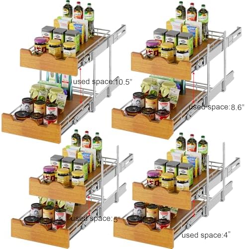 DINDON 2 Tier Pull Out Cabinet Organizer (14" W x 21" D) Slide Out Wood Shelf Double Tier Kitchen Wire Basket with Chrome Finish… - Image 5