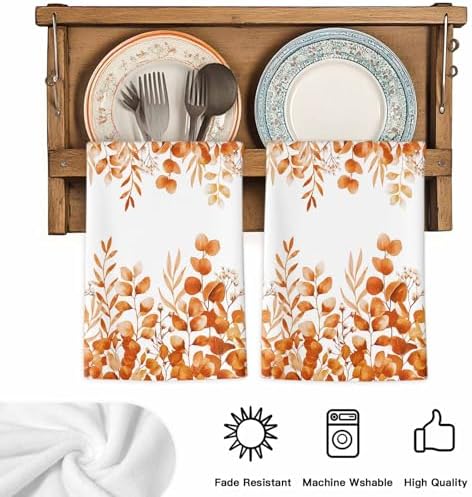 Orange Eucalyptus Kitchen Towels Set of 3, Absorbent Dish Towels for Kitchen, Botanical Summer Leaves Country Floral Microfiber Hand Towel, Quick Drying Tea Towel for Cleaning Decorative Dishcloths - Image 5