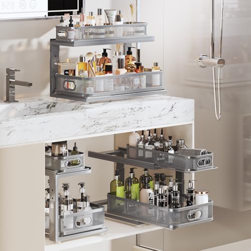 2 Pack 21IN-Depth Under Sink Organizer With Next-Gen Ball-Bearing Slides,2-Tier Precision Mesh Pull Out Cabinet Storage for Bathroom&Kitchen,Height Adjustable Drawers Shelf,Anti-rust-Grey - Image 7