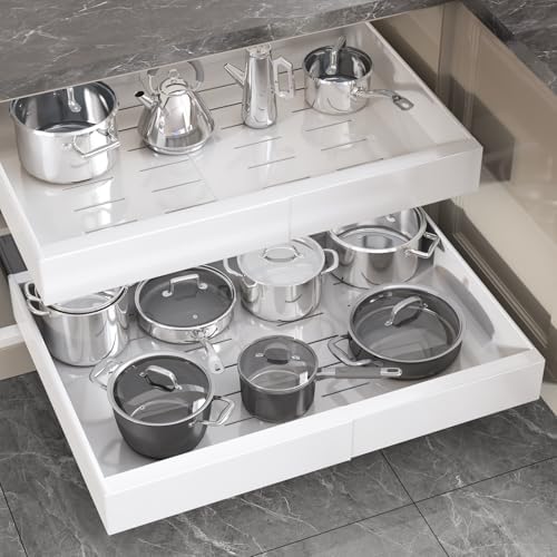 Seinloes 2 Pack Pull Out Cabinet Organizer 18" Deep,Full Extension 3 Slide Rails Slide Out Drawers With Raising Pad for Framed Cabinets,Expandable Width (15.4"-26.2"),No Drill Roll Out Shelf,White by Seinloes