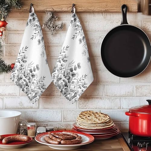 Black Eucalyptus Kitchen Towels Set of 3, Absorbent Dish Towels for Kitchen, Botanical Summer Leaves Country Floral Microfiber Hand Towel, Quick Drying Tea Towel for Cleaning Decorative Dishcloths - Image 6