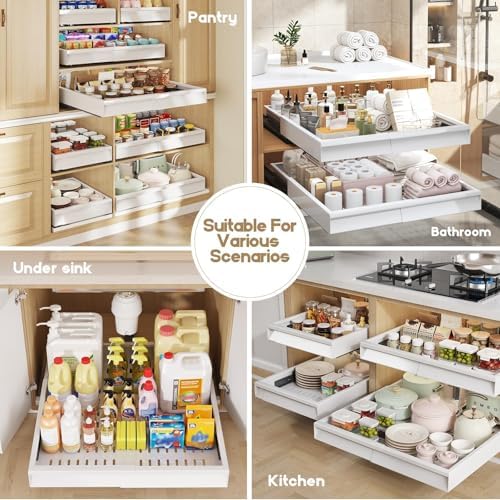 Seinloes Pull Out Cabinet Organizer, 4-Side Expandable to Fit Most Cabinets, 3 Rail Slide Out Drawers with Raising Pad for Framed & Frameless Cabinets, 13"-21" W x 17"-24" D, White, 2 Pack - Image 6