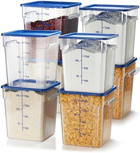 CURTA 8-Pack 18 Qt NSF Clear Polycarbonate Food Storage Containers with Blue Lids - Square, Commercial-Grade, Freezer & Dishwasher Safe, Stackable by CURTA