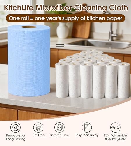 KitchLife Microfiber Cleaning Cloth Roll, 200 Pack - Tear-Away Microfiber Paper Towels, Lint-Free, Reusable, Washable for Kitchen, Car, Dishes, and Sensitive Surfaces (Blue) - Image 3