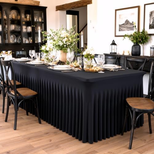 CO-AVE 4pack Black Spandex Table Skirt for 8 Foot Rectangle Tables, Wrinkle Free Stretchy 8ft Fitted Table Covers Cloths for Weddings Birthday Graduation Party Events Banquette Baby Shower - Image 7