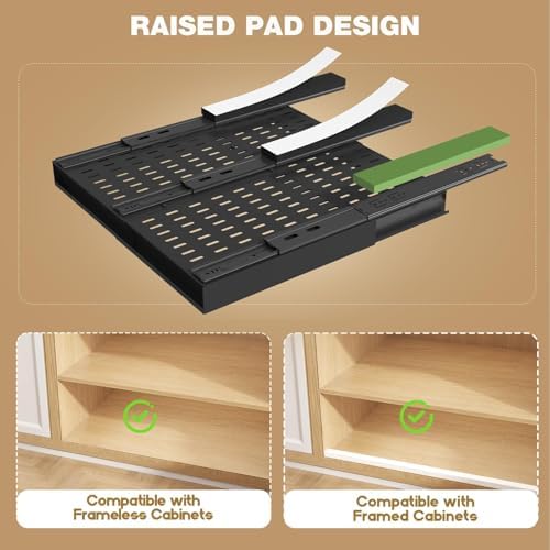 Seinloes Pull Out Cabinet Organizer, 4-Side Expandable to Fit Most Cabinets, 3 Rail Slide Out Drawers with Raising Pad for Framed & Frameless Cabinets, 13"-21" W x 17"-24" D, Black, 2 Pack - Image 4