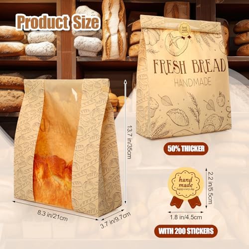 Feifeiya 200 Pack Kraft Paper Bread Bags for Homemade Sourdough Bread Bag with Clear Window 13.7 x 8.2 x 3.5 Large Bakery Packaging for Treat Storage Gift Giving with Seal Sticker - Image 2