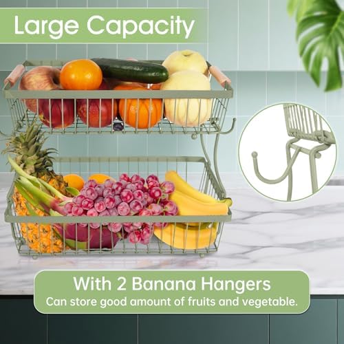 Fruit Basket Bowl 2 Tier Detachable with 2 Banana Hangers, Fruit Stand Holder for Kitchen Countertop, Metal Wire Vegetable Storage Organizer, for Bread Snack Veggies Produce,green - Image 3
