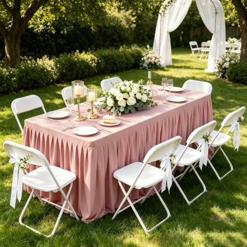 PARTISKY 2 Pack Dusty Rose Tablecloths for Rectangle Tables 4ft, Wrinkle Resistant Table Cover Fitted Stretch Table Cloth with Pleated Ruffle Skirts for Party Banquet Dining Birthday Wedding - Image 3