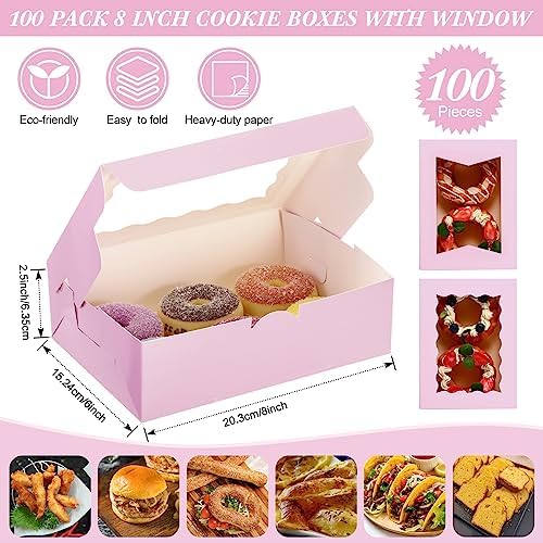 TaoBary 100 Pcs 8 Inch Bakery Boxes 8 x 6 x 2.5 Inch Cookie Pastry Boxes with 2 Style Window for Cookie Treat Chocolate Strawberries Cupcakes Candy Muffins(Pink) - Image 2