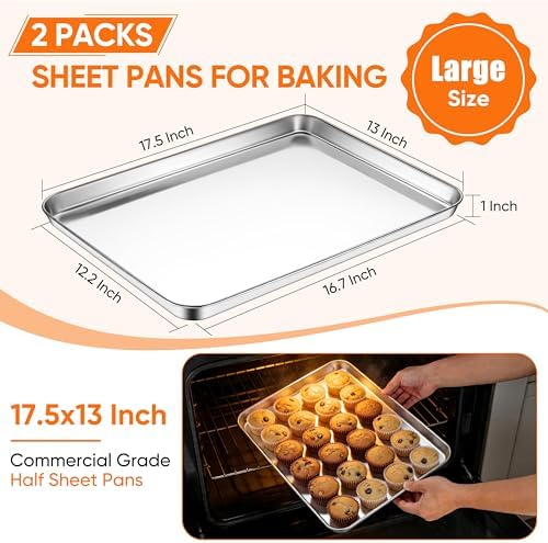 LIANYU Stainless Steel Cookie Sheet Pans, 17.5x13 Inch Baking Sheet 2 Pack | Commercial Grade Half Sheet Pan, Professional Bakeware Cookie Tray, Mirror Finish, Non Toxic, Easy Clean, Dishwasher Safe - Image 2