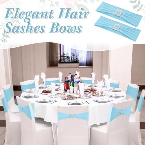 VitalCozy 150 Pcs Spandex Chair Sashes with Square Buckle Slider Stretch Chair Cover Band Universal Elastic Ties Straps Bows for Wedding Banquet Event Party Decoration(Blue) - Image 2
