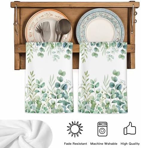 Green Eucalyptus Kitchen Towels Set of 3, Absorbent Dish Towels for Kitchen, Botanical Summer Leaves Country Floral Microfiber Hand Towel, Quick Drying Tea Towel for Cleaning Decorative Dishcloths - Image 5