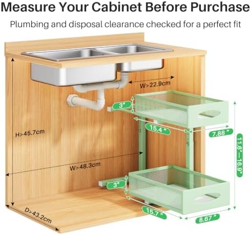 2 Pack Under Sink Organizer, 2 Tier Pull out Cabinet Organizer Mesh Baskets with 5 Adjustable Heights, Sliding Drawers Storage Shelf for Home, Kitchen, Bathroom, Pantry, Office, Countertop ,Green - Image 2