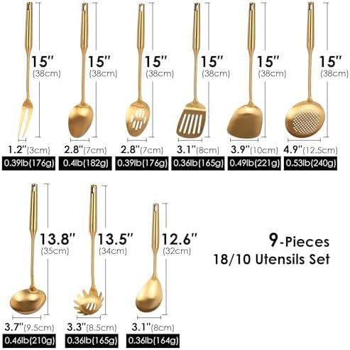 Gold Kitchen Utensils Set - 15" All Metal Cooking Tools Set of 9 | 18/10 Stainless Steel Cooking Utensils - Fork, Solid/Slotted Spoon, Spatula, Ladle, Skimmer, Turner, Pasta Spoon, Large Spoon - Image 2