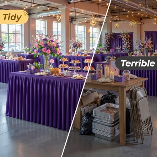 Purple Polyester Table Cloths for Rectangle 6 Foot Tables, 6 Pack Wrinkle Free Tablecloths Stretchy Banquet Ruffle Fitted Table Cover Desk Skirt for Parties Wedding Birthday Baby Shower - Image 6