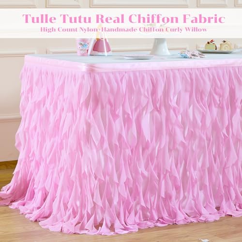 PARTISKY Pink Tulle Curly Willow Table Skirt for Rectangle Table 6ft, Ruffle Tutu Table Cloth for Girls Baby Shower,Birthday Party Candy Cake Tables - Image 4