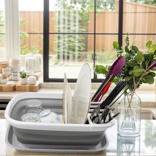 SAMMART 8L (2.11Gallons) Collapsible Plstic Dish Drainer with Drainer Board - Foldable Drying Rack Set - Space Saving Kitchen Storage Tray (White/Grey(Set of 2), 2) - Image 5