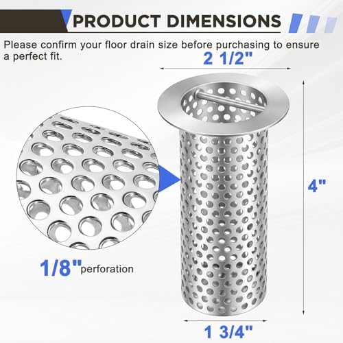 1 Pcs Commercial Floor Drain Strainer Perforated Cylindrical Mesh 316 Stainless Steel Drain Basket with Carry Handle –heavy-duty, for Restaurants, Kitchens, Factory (2" Diameter X 4" Tall) - Image 2