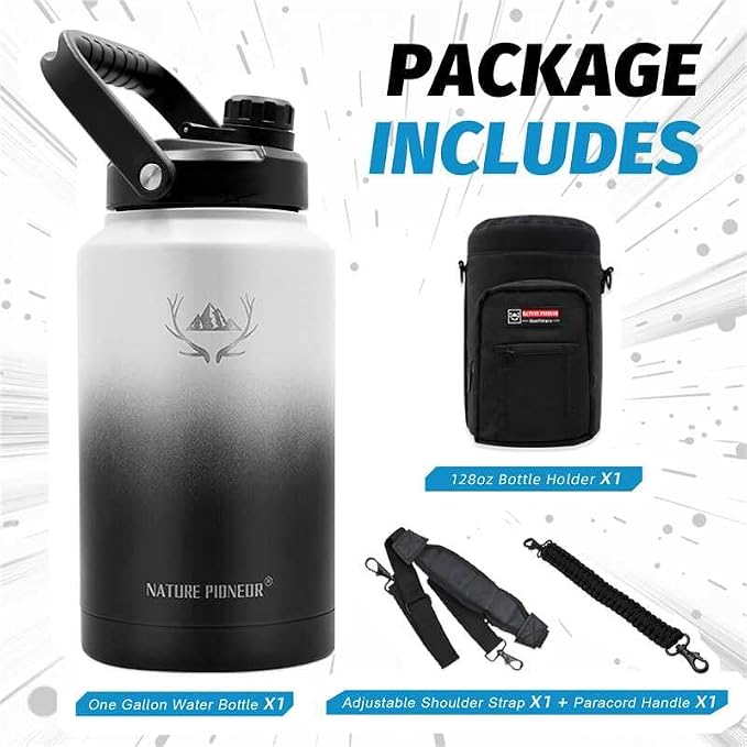 NATURE PIONEOR 1 Gallon (128oz) Insulated Water Bottle Jug with Carrier Bag | 18/8 Food-grade Stainless Steel, Double Vacuum Insulation, Wide-Mouth, Straw & Spout Lid, Strap, Camping, Hiking, Gym, Work - Image 9