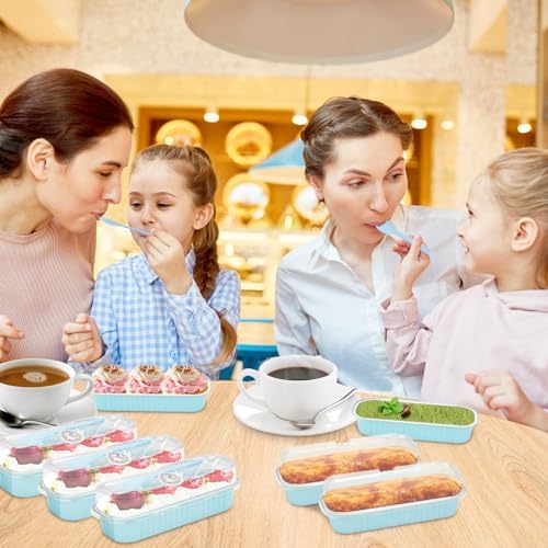 100Pack Mini Cake Pans Disposable Mini Loaf Pans with Lids and Spoons and Stickers, 6.8Oz Aluminum Foil Pans Tins, Individual Dessert Cups Containers for Sales,Party,Picnics Sky Blue - Image 5