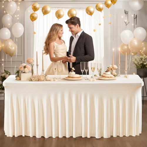PARTISKY 2 Pack Ivory Spandex Table Cloths for Rectangle Tables 8ft, Ivory Table Skirt for Party, Table Cover with Skirt for Wedding Folding Table Banquet Baby Shower & Birthday Parties - Image 2