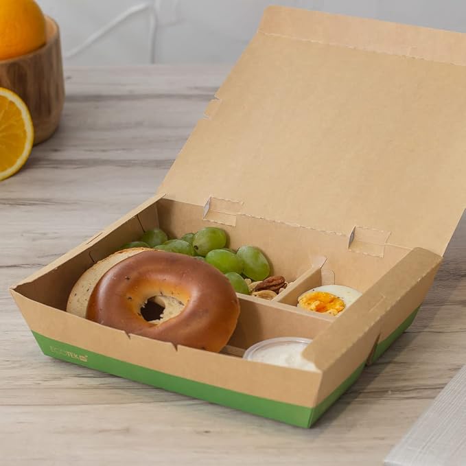 Restaurantware-Eco Tek 50.7 Ounce To Go Boxes, 100 Bento Boxes - 3 Compartments, Tab Lock Closure, Kraft and Green Paper Take Out Box, PLA Lining, For Restaurants or Parties - Image 10