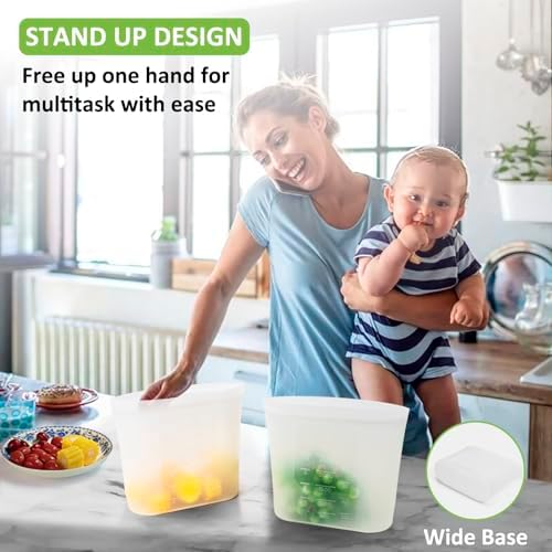 Reusable Storage Bags, Set of 2 Large Sizes, 8 Pack 100% Silicone Food Storage Bags Stand Up Zip Lock Bag for Food, Freezer Microwave Oven Dishwasher Safe, 4 XL-4/5 Gallon, 4 L-1/2 Gallon, Translucent - Image 4